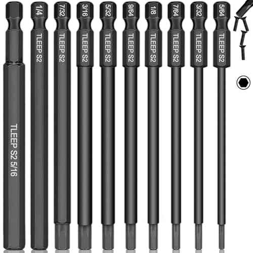 10 x Long 100MM 1/4 Inch Hex Head Allen Wrench Drill Bits, 5/16¡± to 5/64¡±, SAE, Magnetic Tips Screwdriver Socket Bit Set for Ikea Type Furniture (S2 Steel 5/16 inch to 5/64 inch)