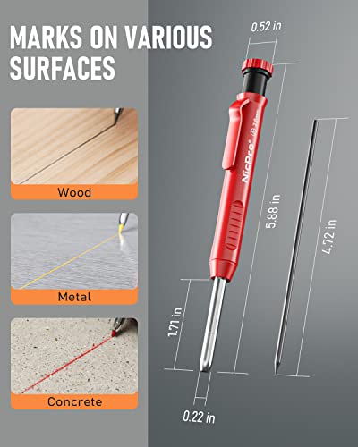 Nicpro 2-Pack Mechanical Carpenter Pencils with Deep Hole Tip, Sharpener & Refills - Black & Red Construction Marking Tools