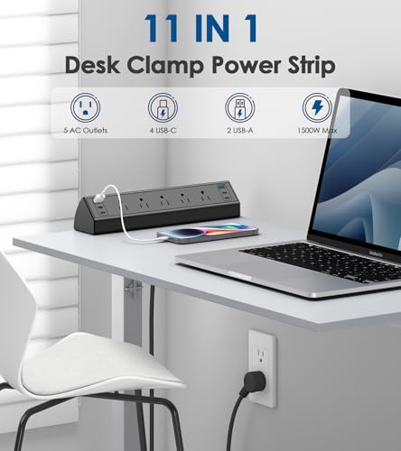 Jgstkcity Desk Clamp Power Strip with 6 USB Ports & 5 Outlets, 40W Fast Charging, Black