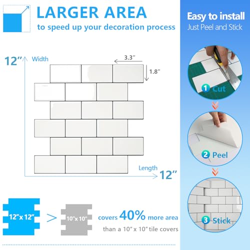 STICKGOO Peel and Stick Subway Tile Backsplash 12x12 Inches, Thicker Design, 10 Sheets, Warm White with Grey Grout, Self-Adhesive Wall Tiles
