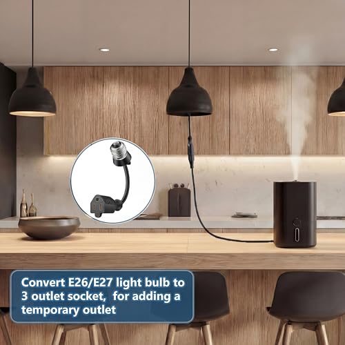 Feekoon Black E26/E27 Light Socket Adapter with 3 Prong Outlet & Extension Cord - 1 Pack