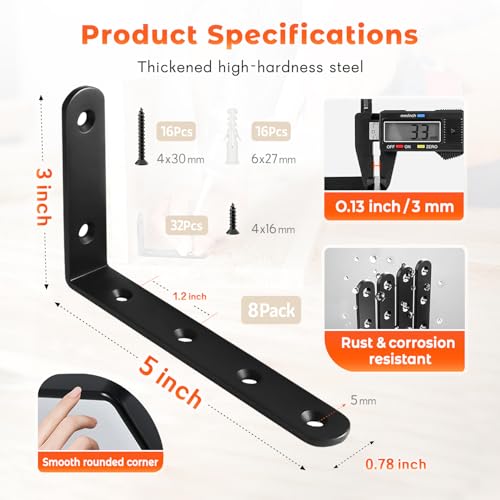 WINKER Heavy Duty Black Shelf Brackets 8 Pack 5 x 3 Inches Support Up to 35lb