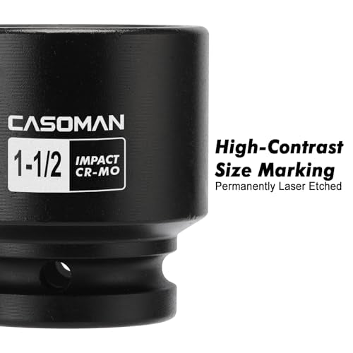 CASOMAN 3/4"Drive x 1-1/2" Shallow Impact Socket, Jumbo Impact Socket, SAE, 6-Point, CR-MO, Black Phosphate Finish