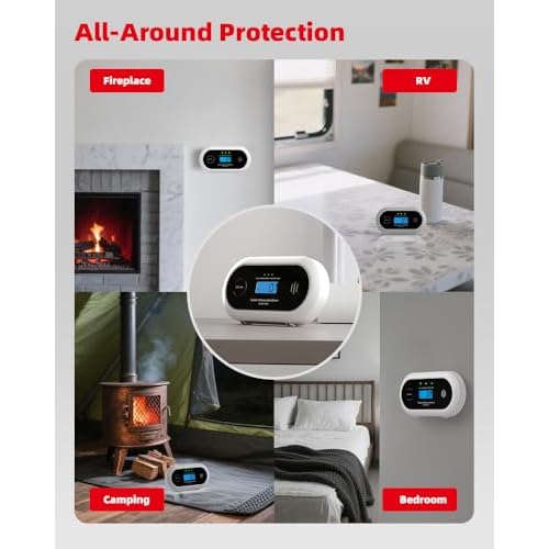 10-Year Battery Carbon Monoxide Detector, Portable Travel CO Detector Alarm for Home, Garage, RV, Camping, LCD Display with Backlight, V-0 Flame-Retardant Housing, Wall Mount or Tabletop
