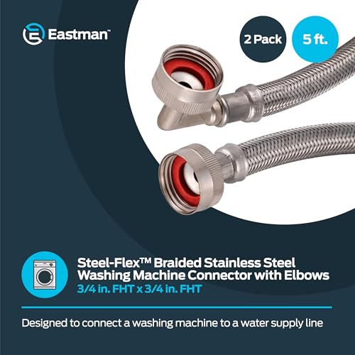 Eastman 5 ft Washing Machine Hose Connectors with Elbows - 2 Pack, 3/4 in FHT x 3/4 in FHT, Braided Stainless Steel