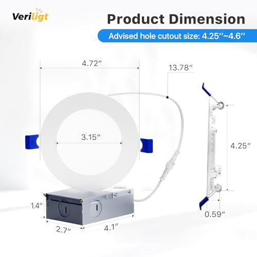 Veriligt White 4 Inch 5CCT Dimmable LED Recessed Light 750LM 9W 4 Pack