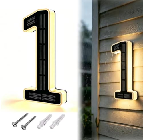 Black 6.7 Inch Solar Lighted House Numbers - Outdoor Address Sign, Auto Dusk-to-Dawn, Waterproof