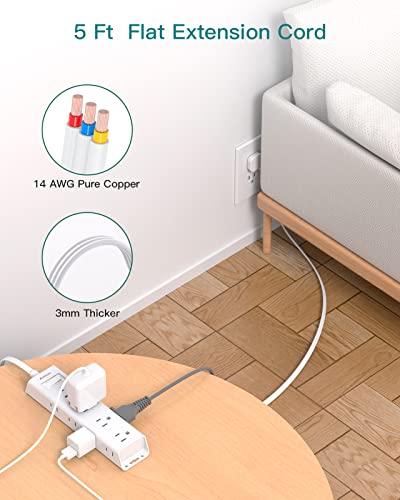 Addtam White Ultra Thin Flat Power Strip with 12 Outlets, 5 Ft Extension Cord