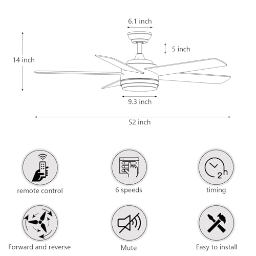 YUHAO 52 Inch Black Ceiling Fan with Light and Remote Control.Noiseless,Dimmable,3CCT,6 Speeds Reversible, DC Ceiling Fans for Indoor or Covered Outdoor