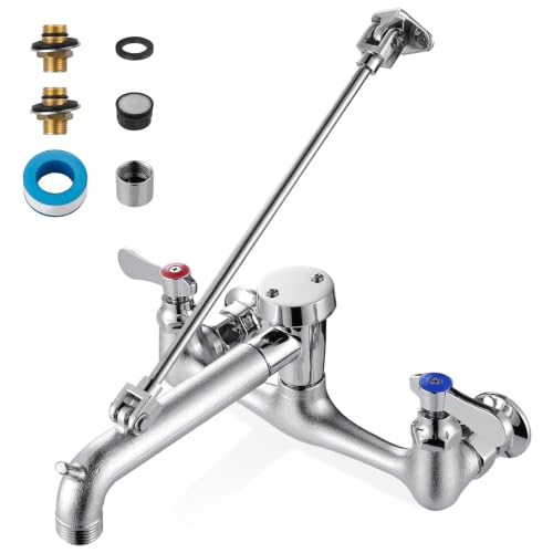 IVIGA Rough Chrome Commercial Wall Mount Mop Sink Faucet with Vacuum Breaker, 8 Inch Center, 1/4 Turn Ceramic Valves, Heavy Duty Solid Brass