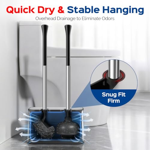 HAMITOR Silver 2-in-1 Toilet Brush and Plunger Set S-Shape - Rustproof Stainless Steel