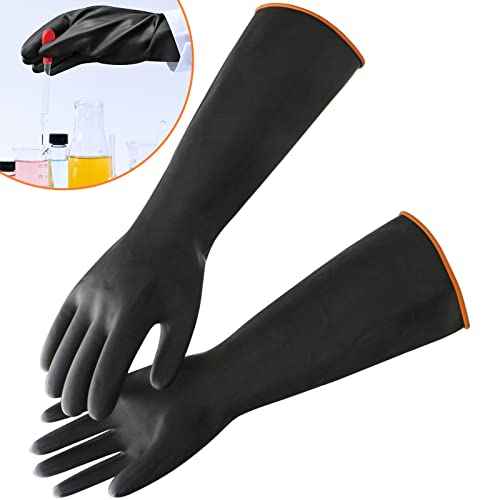 14" XL Latex Chemical Resistant Gloves - Reusable Heavy Duty Long Rubber Dishwashing Gloves for Men - Industrial Safety With Forearm Protection, Waterproof, Resist Strong Acid, Alkali, Oil