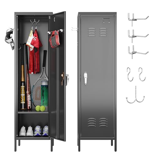 54-Inch Lockable Metal Storage Lockers with Adjustable Shelf & Hooks for Home, Office, School — Black
