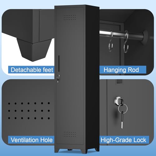 IRONFFICE Narrow Black Metal Utility Closet with Hanging Rod, 64.96 in Tall