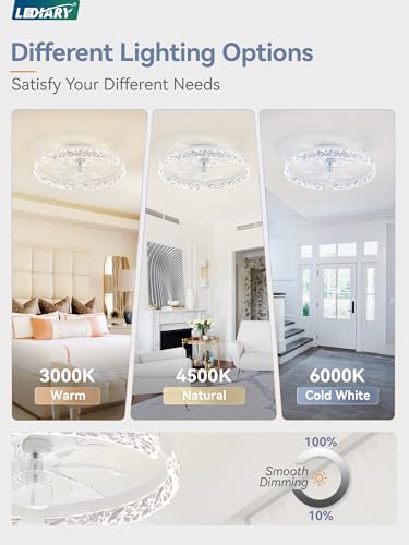 LEDIARY 20-inch White Low Profile Ceiling Fan with Light, Remote & APP Control, Reversible Motor