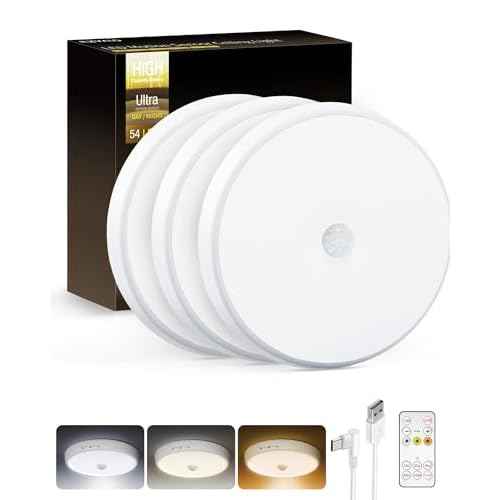 Motion Sensor Light Indoor, 3-Pack, 10000mAh, 7.1inch, 400LM, Remote Control, Dimmable, LED, Flush Mount, Wireless, Rechargeable, Battery Operated, Cordless, Ceiling Light, Closet Light, No Wiring
