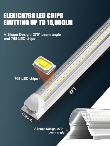 ELEKICO 100W 8FT LED Shop Lights Pack of 6 - Ultra Bright Commercial Grade