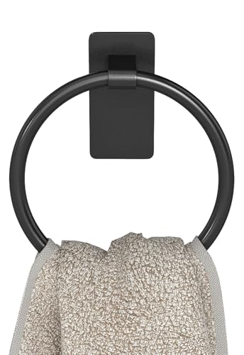 STWWO Black Adhesive Hand Towel Ring for Bathroom, No Drill, Rustproof