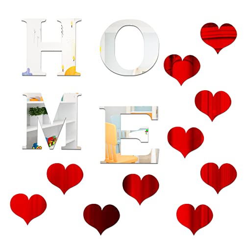 14PCS Mirror Wall Decor Home Sign Letters for Wall Stickers Decal, Silver 3D Art Red Heart Sticker for Bedroom Family Farmhouse Office Modern Living Room Decor