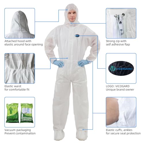 VVicogard Protective Overalls Disposable Coveralls, Front Zipper Elastic Waistband & Cuffs Ankles, SMS Isolation Coverall Suit with Hood for Hospitals, Laboratories, Medical