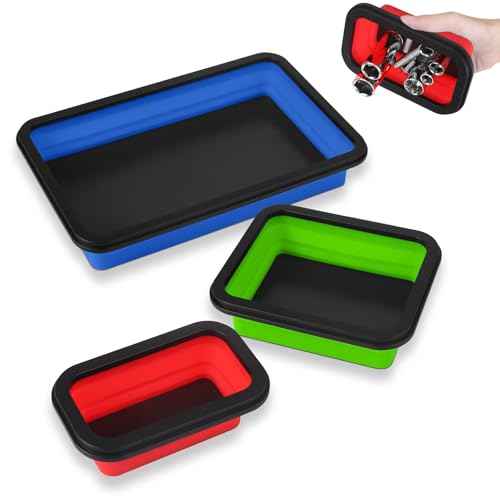 Collapsible Magnetic Parts Tray Set, 3 Different Size Tool Trays Foldable Silicone Magnetic Tool Trays for Bolts, Screws, Nuts & Other Small Metal Parts, Magnetic Square Silicone Bowls Red Blue Green
