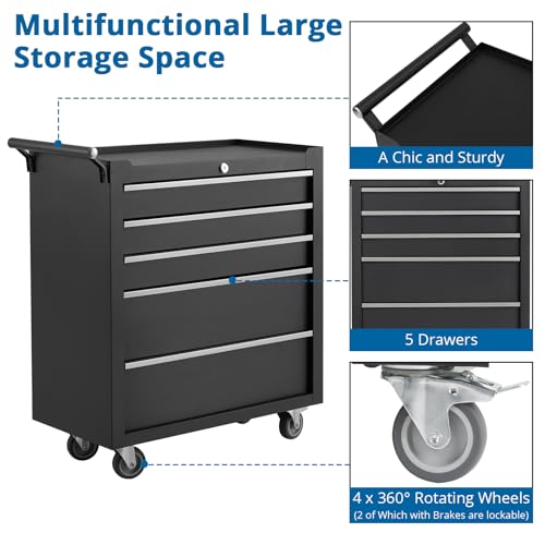 GarveeHome 5-Drawer Rolling Tool Chest with Locking System – Heavy-Duty Steel Tool Cabinet