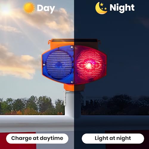 Solar Strobe Warning Light, 3 Working Modes Double Side Red Blue Flash Traffic Lights Wireless Rechargeable Waterproof Safety Barricade Warning Lights for Road Construction (Iron Clamp)