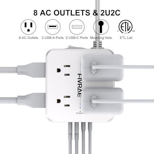 White 10Ft Extension Cord with 8 Outlets & 4 USB Ports - Surge Protector