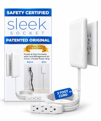 Sleek Socket 3ft Flat Extension Cord Power Strip with Concealer Kit – Outlet & Cord Management