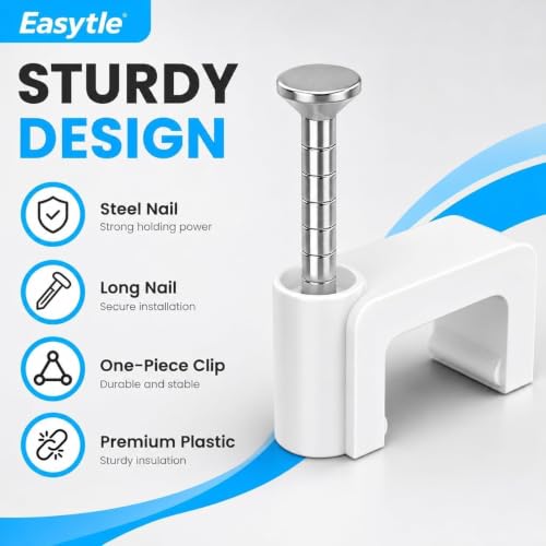Easytle 100 Pcs Cable Clips Nail-In Flat Ethernet Cable Wall Tacks for Coax, Speaker & Power Cords