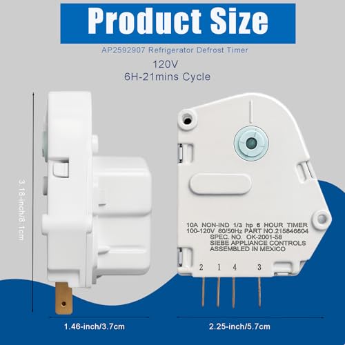 Ketofa AP2592907 120V Defrost Timer for Frigidaire/ Kenmore Replaces 6h-21m