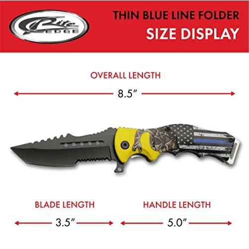 SZCO Supplies 8.5" Assisted Opening Folding Knife - Thin Blue Line EDC Utility Knife with Pocket Clip, Tactical Tanto Blade, Serrated Edge, Law Enforcement Tribute