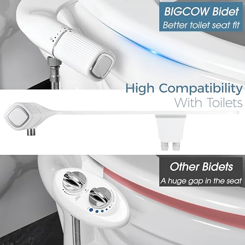 BIGCOW Silver Ultra-Slim Bidet Attachment for Toilet with Dual Nozzles & Adjustable Pressure - Hygienic Bathroom Upgrade