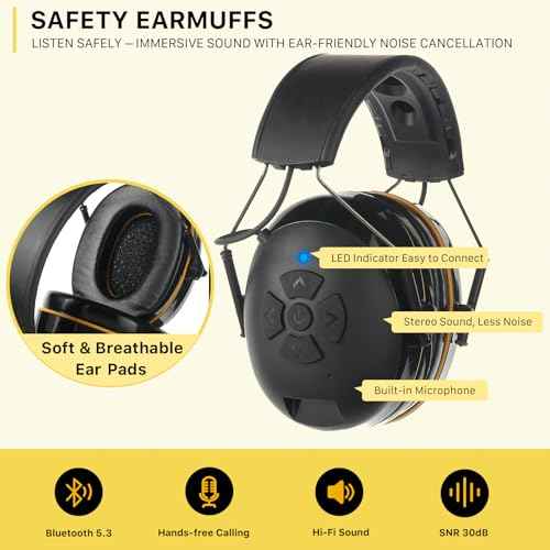 ROTEAR Bluetooth 5.3 Hearing Protection, NRR 25dB Noise-canceling Rechargeable Safety Earmuffs, Wireless Over-ear Headphones with Music for Mowing Lawn, Workshop, Snowblowing, Construction (BLACK)