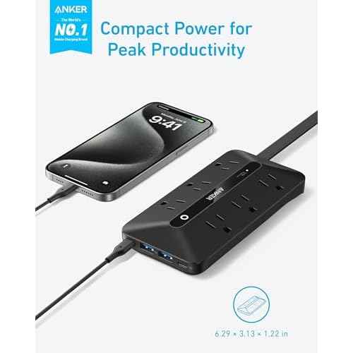 Anker 300J Flat Plug 10-in-1 Ultra Thin Power Strip with 6 AC, 2 USB-A & 2 USB-C Ports, Extension Cord, Desk Charging Station for Home, Office, College, Dorm, 5 Feet, Black