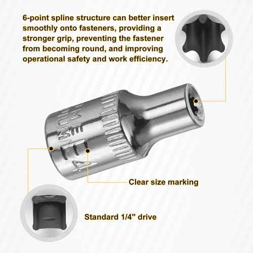 HARFINGTON 6pcs E-Torx Socket 1/4" Drive E4-E10 External Torx Deep Socket CR-V 6 Point Spline Socket Star Female Bit Socket for Auto Repairs Home Maintenance DIY Hand-making 1" Length