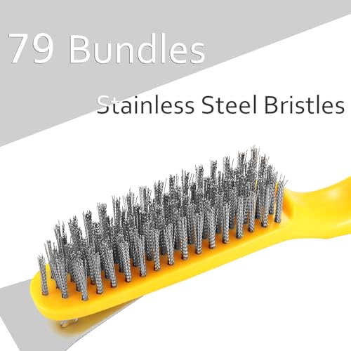10.95" Wire Scratch Brush with Metal Scraper, Long Plastic Handle and 79 Bundles of Stainless Steel Bristles, Heavy Duty for Dust Paint Scrubbing, Dirt Rust or Welding Slag Removal