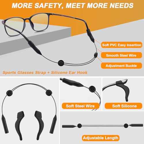Yeahxing Adjustable Glasses Strap - 4 Pack 16Inch Eye Glasses String Straps with Retainer Ear Cushion, Eyewear Retainer, No Tail Anti Slip Sunglasses String Eyeglass Strap for Men Women