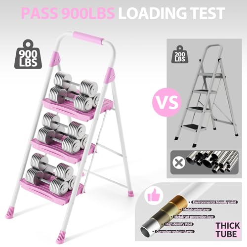 KINGRACK Pink 3-Step Ladder with Handrail, Anti-Slip Wide Pedals, 900lbs Capacity, Foldable Household & Garage Step Stool