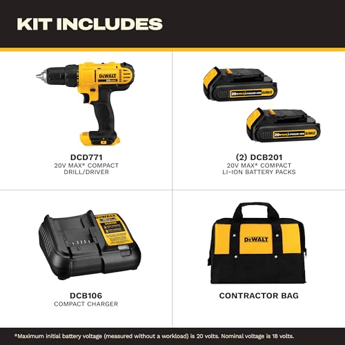 DEWALT 20V Max XR Compact Drill/Driver with Battery & Charger - Lightweight Power Tool