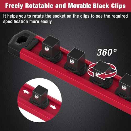 WORKPRO Magnetic Socket Organizer, 3/8-Inch Drive Aluminum Alloy Sockets Rail, Heavy Duty Sockets Holder, Socket Rack Kit 3/8-Inch x 10 Clips (Red)