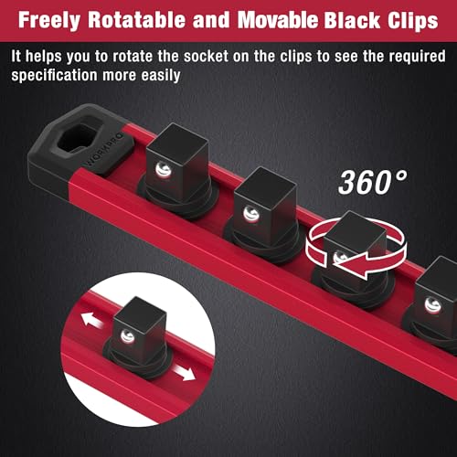WORKPRO Magnetic Socket Organizer Set, 3-Piece Aluminum Alloy Socket Rail, Heavy Duty Socket Holder, Socket Rack Kit 1/4-Inch x 12 Clips, 3/8-Inch x 10 Clips, 1/2-Inch x 10 Clips (Red)