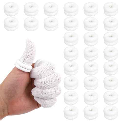 30Pcs Finger Bandage Elastic Breathable Cotton Finger Cots Tubular Fingertip Protector Reusable Thumb Bandage for Finger Sprains First Aid Scald Protection Gardening Work(White)