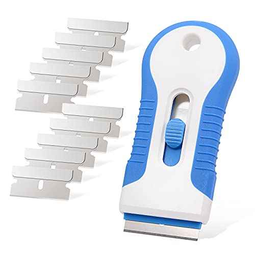 EHDIS Car Sticker Remover Glass Cooktop Razor Scraper with 10pcs Replace Blades for Label,Glue,Paint,Adhesive Remover,Oven Door, Stove Cleaning (Blue)