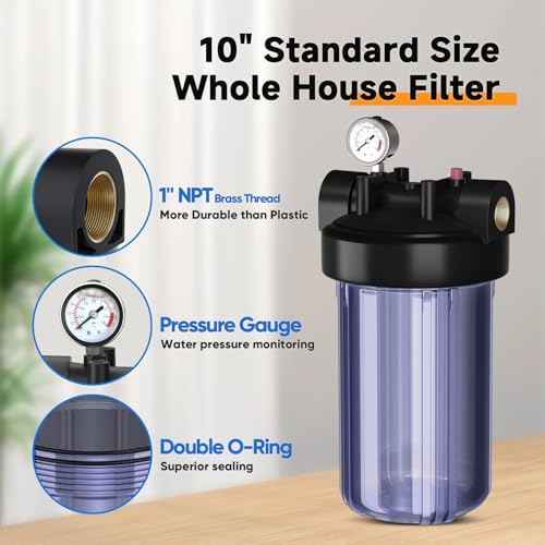 PUREPLUS 1 Count Whole House Water Filter Housing with Pressure Gauge, 1" NPT - Universal Clear