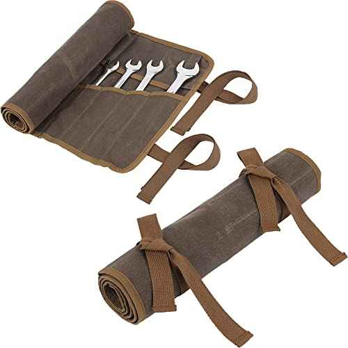 Denifiter Wrench Roll Up Pouch, Heavy Duty Waxed Canvas Tool Roll Bag Tool Organizer Bag With 20+4 Pockets (Brown)