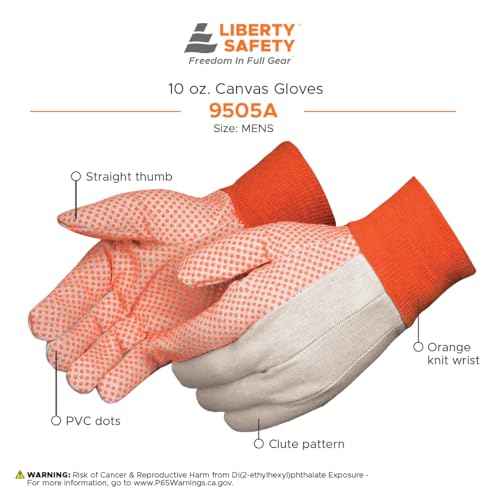 Liberty Glove & Safety 9505A Cotton Canvas Men's Glove with Fluorescent Orange PVC Dots (Pack of 12)