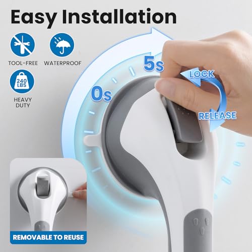 LEVERLOC 12.2 Inch Gray Suction Grab Bars 2 Pack, No Drilling Shower Handles for Seniors