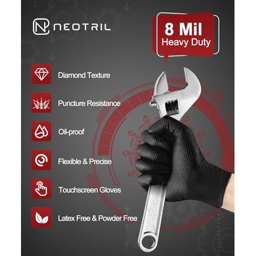 8 Mil Heavy Duty Disposable Nitrile Gloves with Diamond Texture Grip Rubber Gloves Latex & Powder Free