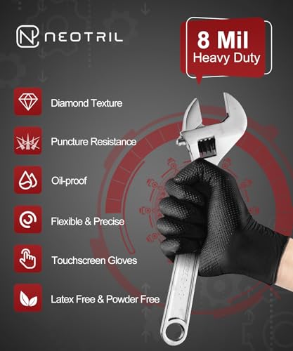 NEOTRIL Heavy Duty Black Nitrile Gloves Large Box of 50 - Powder-Free, Textured Grip